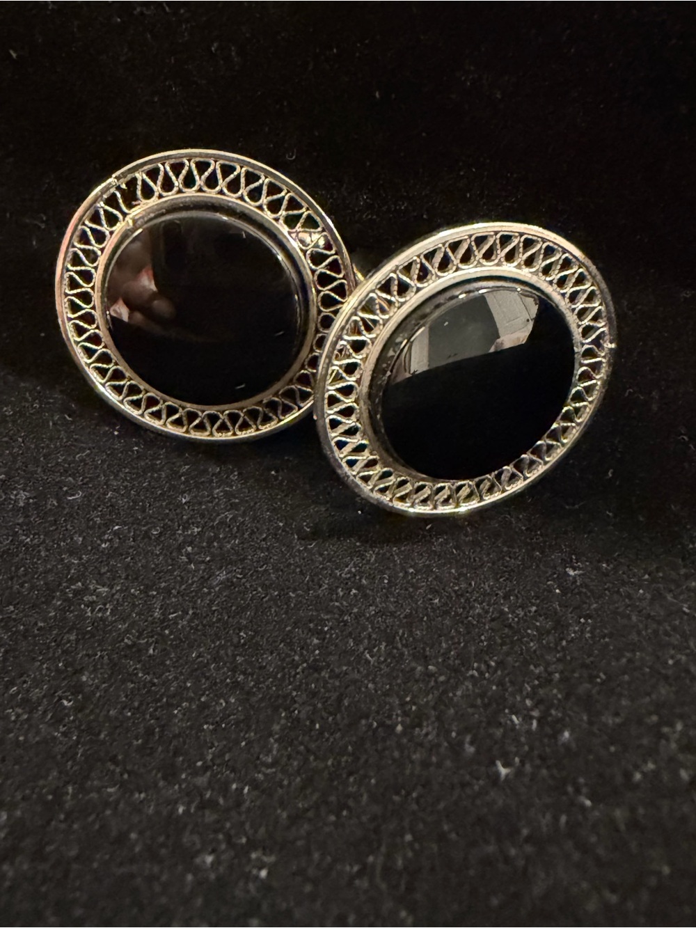 Vintage Sterling Silver Black Onyx Filigree Cufflinks
